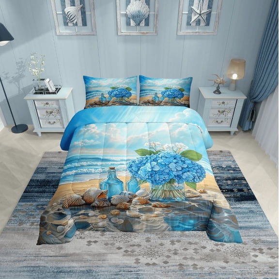 Erosebridal Blue Ocean Bedding Twin Comforter Set, Beach Seashell Down Comforter, Flower Reversible Comforter Sets Twin Size, Ultra Soft Bedroom Decor, 2 Pieces