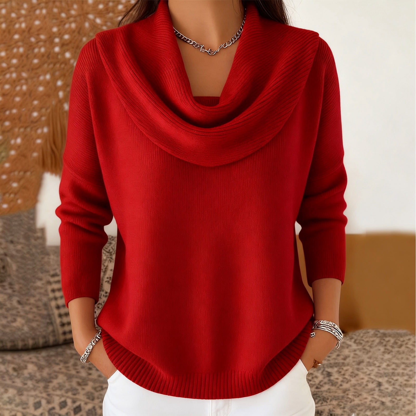 Draped Cowl Neck Sweater for Women, Knitted Long Sleeve Casual Pullover Sweaters Loose Comfy Tunic Tops