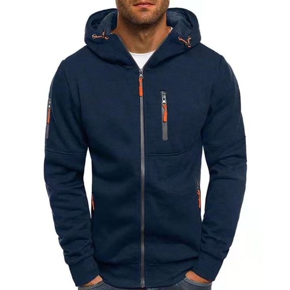 Jinda Men's Long Sleeve Hoodie Crop Sweatshirt Zip Up Fall Thick Warm Full Zip Casual Hooded Sweatshirt Navy XX-Large