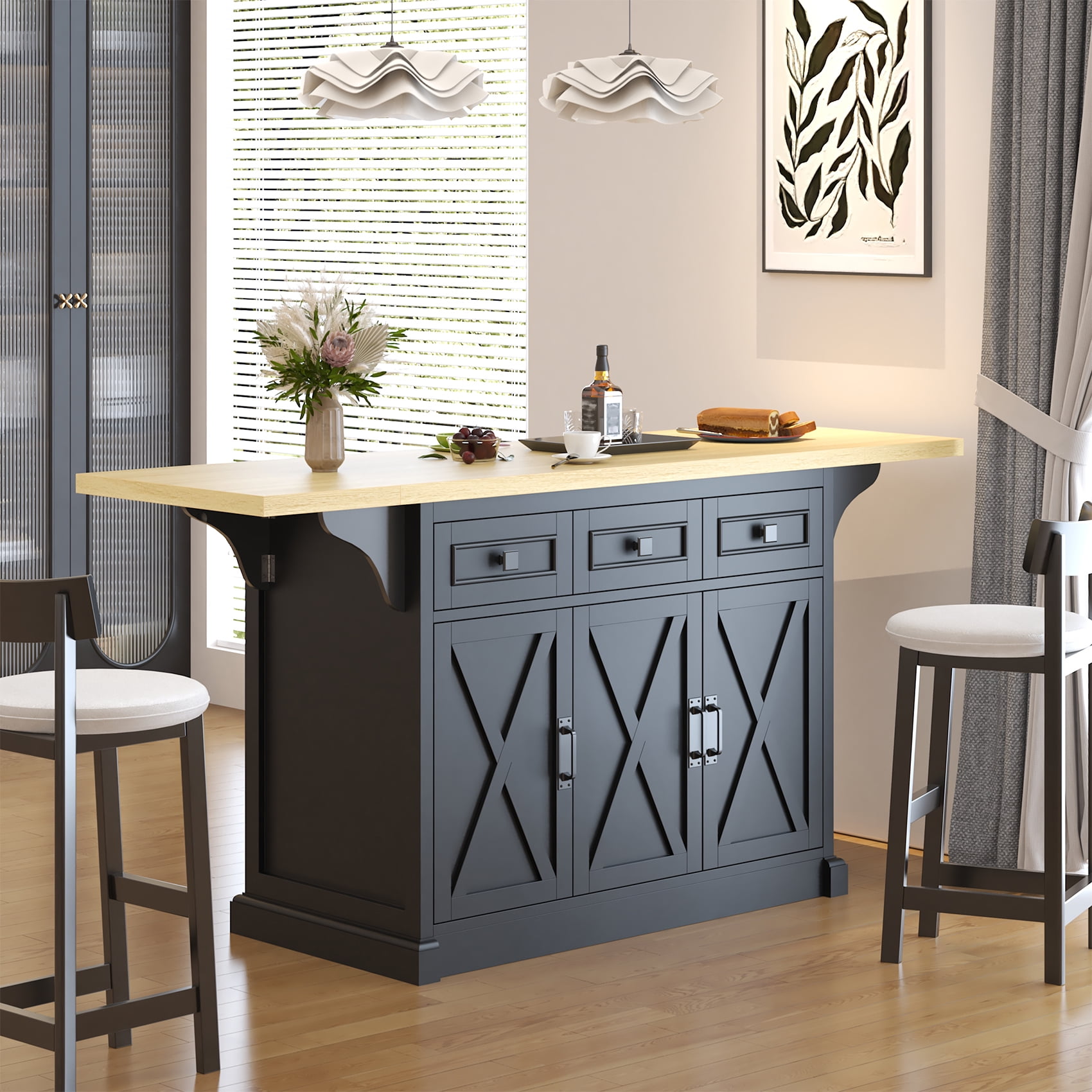 HAUXITIO 71" Kitchen Island with Drop Leaf & Power Outlet, Rolling Cart with 3 Drawers, Trash Cabinet & Storage Racks,Black