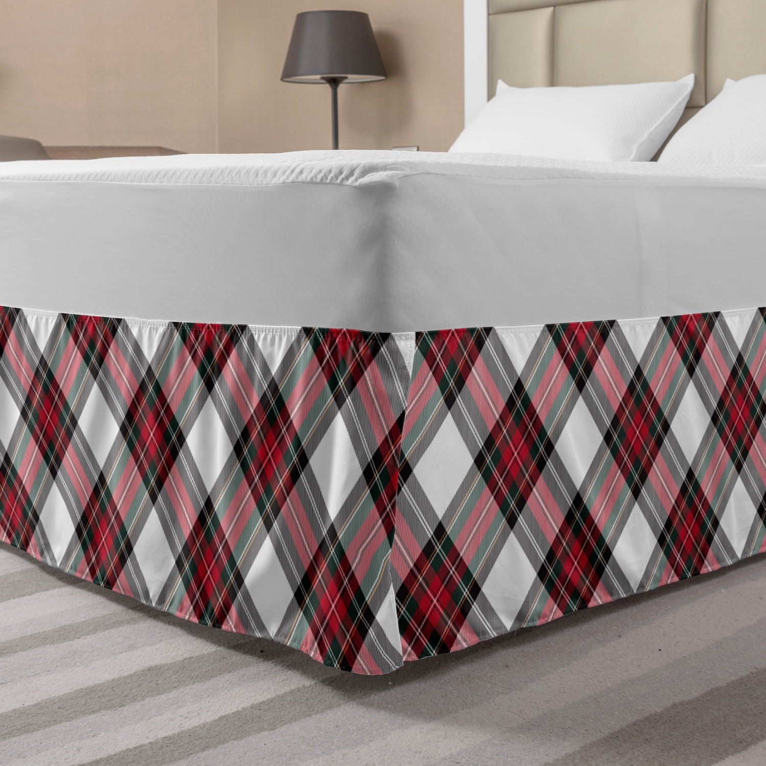 Tartan Bed Skirt, Traditional Plaid with Diagonal Lines and Rhombuses