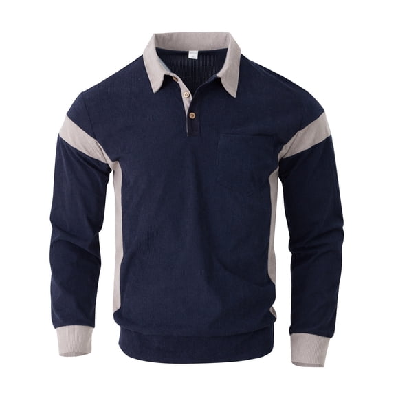 BRGZLK Polo Shirts for Men Solid Color Patchwork Corduroy Turn Down Collar Button Long Sleeve Business Work Top with Pocket Navy XXXL