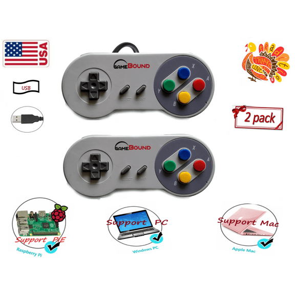 SNES Style Controller, Retro USB Controller for PC/Mac/Retro Pi (Color 2-Pack)