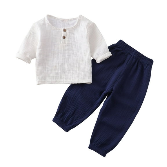 Penkiiy Toddler Boys Girls Fall Outfits Short Sleeve Button Down Shirt Elastic Waist Pants 2Pcs Little Kids Clothes Set White for 3-4 Years