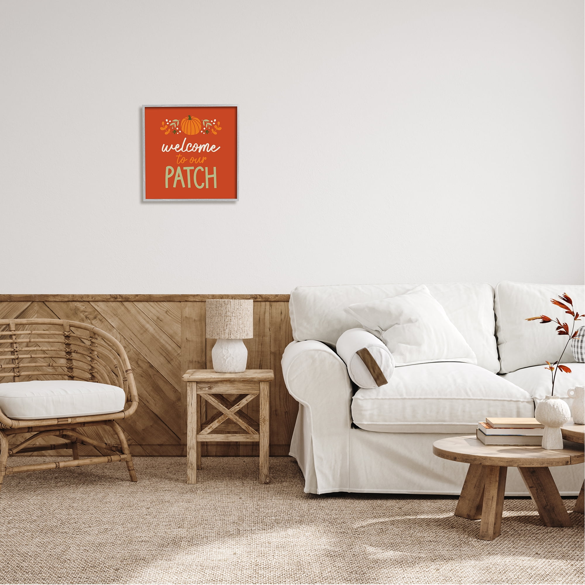 Stupell Industries Welcome Pumpkin Patch Phrase Holiday Painting Gray Framed Art Print Wall Art, 17 x 17