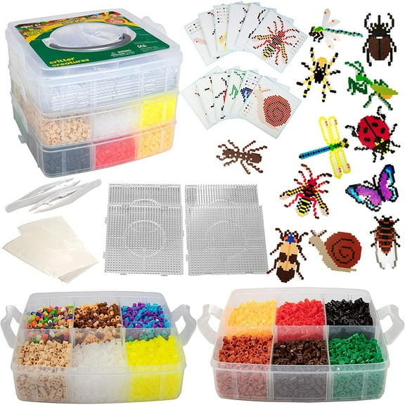 8,000pc DIY Fuse Bead Kit w Carrying Case - Bugs and Insects - 21 Colors, 12 Unique Templates, 4 Peg Boards, Tweezers, Ironing Paper - Works w Perler Beads Kits, Pixel Art Color by Numbers Craft Gift