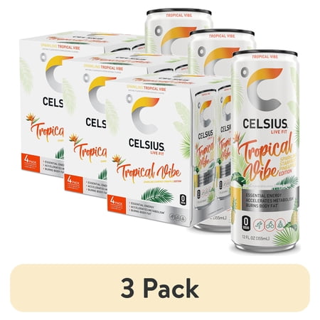 (3 pack) CELSIUS Sparkling Tropical Vibe, Functional Energy Drink 12 fl oz (Pack of 4)