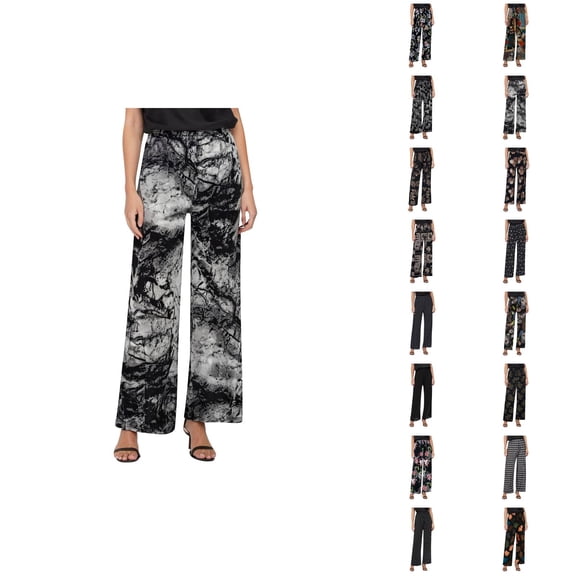 Cropped Pants for Women Spring Summer Lightweight Floral Print Elastic High Waist Wide Straight Leg Stretchy Boho Pants