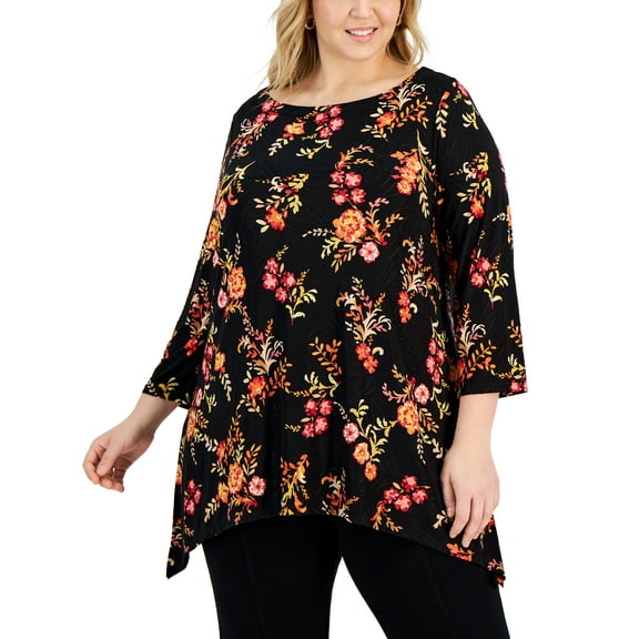 JM Collection Women's Plus Size Flowing Foliage Jacquard Top Deep Black Combo 1X