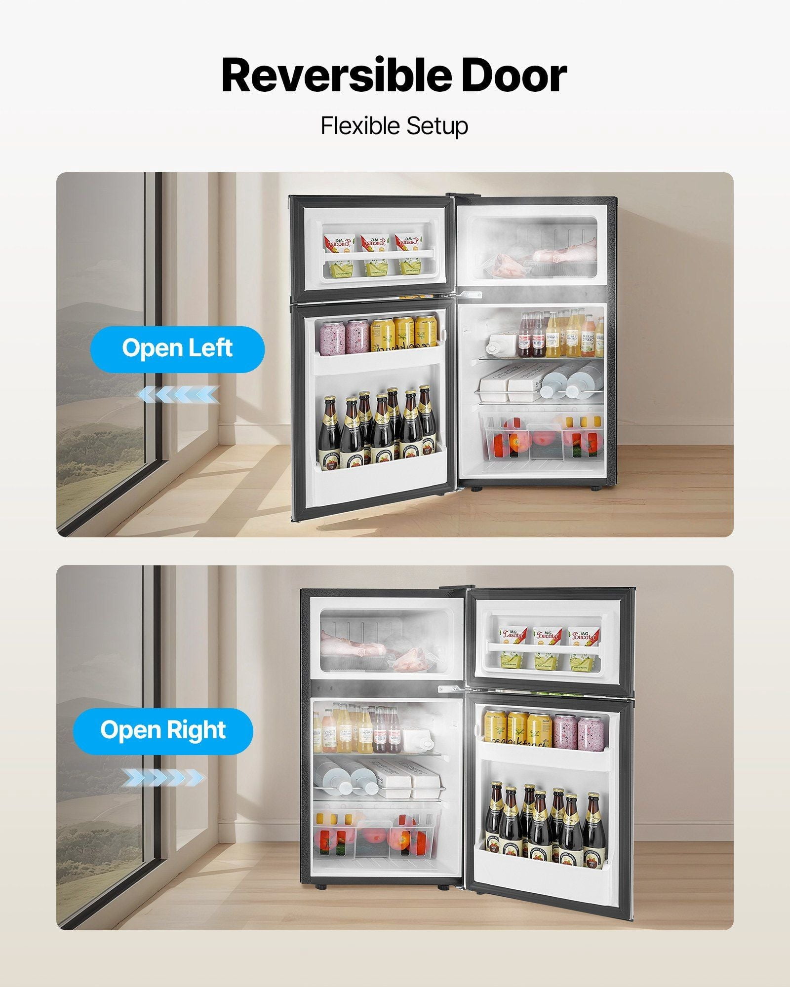 Mini Fridge with Freezer, 3.2 Cu.Ft, Two Door Compact Refrigerator, Adjustable Temperature, Shelf, Energy Efficient Small Fridge, Reversible Door, Low Noise, for Bedroom, Dorm, Office, Stainless