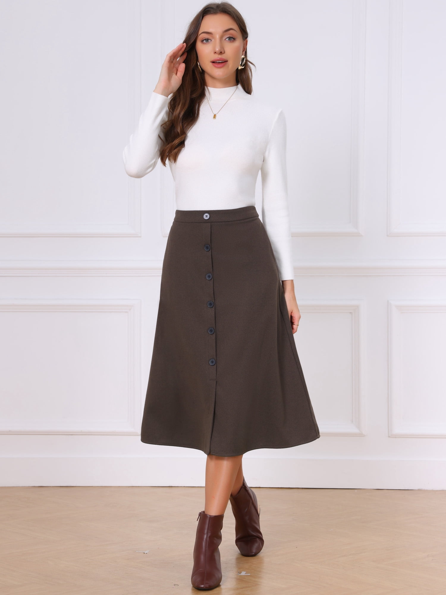 DARING DIVA Women's Work Midi High Waist Button Down Vintage Skirt S Brown
