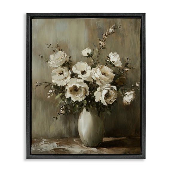 Stupell Industries Neutral Traditional Bouquet Plants & Flowers Painting Black Floater Framed Canvas Art Print Wall Art, 17 x 21