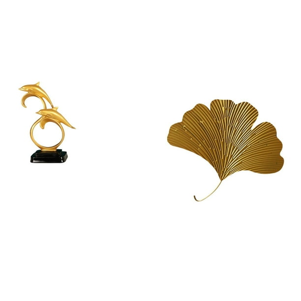 Figura de delfín,Colección de adornos de escritorio con figuras de delfines,Esculturas de pared de hojas,Esculturas de pared de hierro forjado con hojas de ginkgo,Escultura de pared con hojas