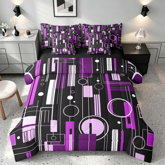 Manfei Contemporary Abstract Queen Bedding, Geometric Circle Rectangle Bedding Comforter Set Queen, Purple and Black, Black Reversible 7 Pieces
