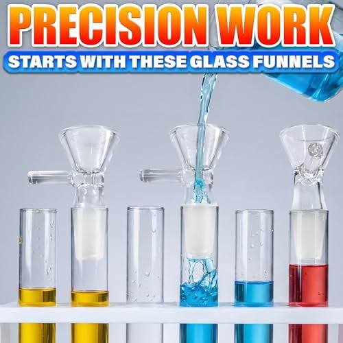 6-Pack Clear Glass Funnels with Handle for Easy Pouring, Thick Spill-Resistant Design for Kitchen, Lab, DIY Use with Liquids and Oils, Includes 2 Cleaning Brushes for Simple Maintenance