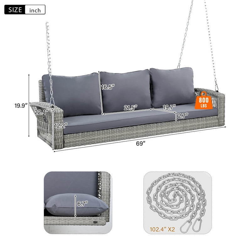 3-Person 69" PE Wicker Porch Swing with Chains, All-Weather Large Patio Swing Bench with Cushions for Backyard, Garden, and Poolside