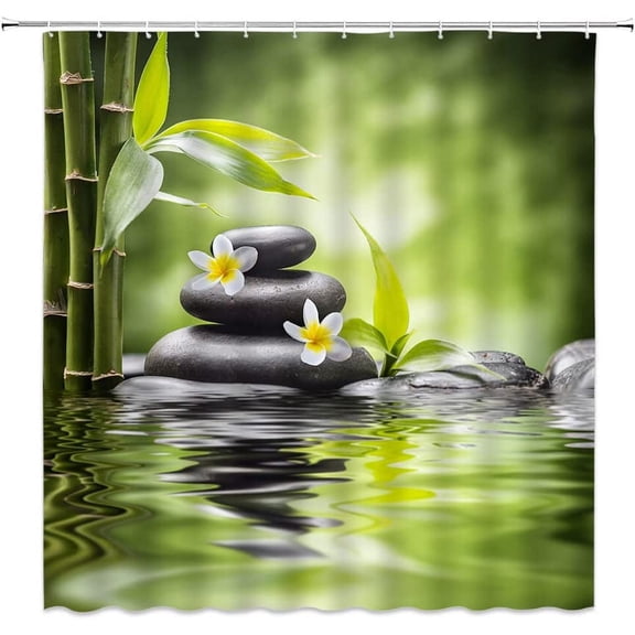 Spa Shower Curtain Green Bamboo Stone Flower Relaxing Meditation Massage Asian Natural Japanese Garden Theme Fabric Bathroom Decor Set with Hooks（70" Wx84 H）