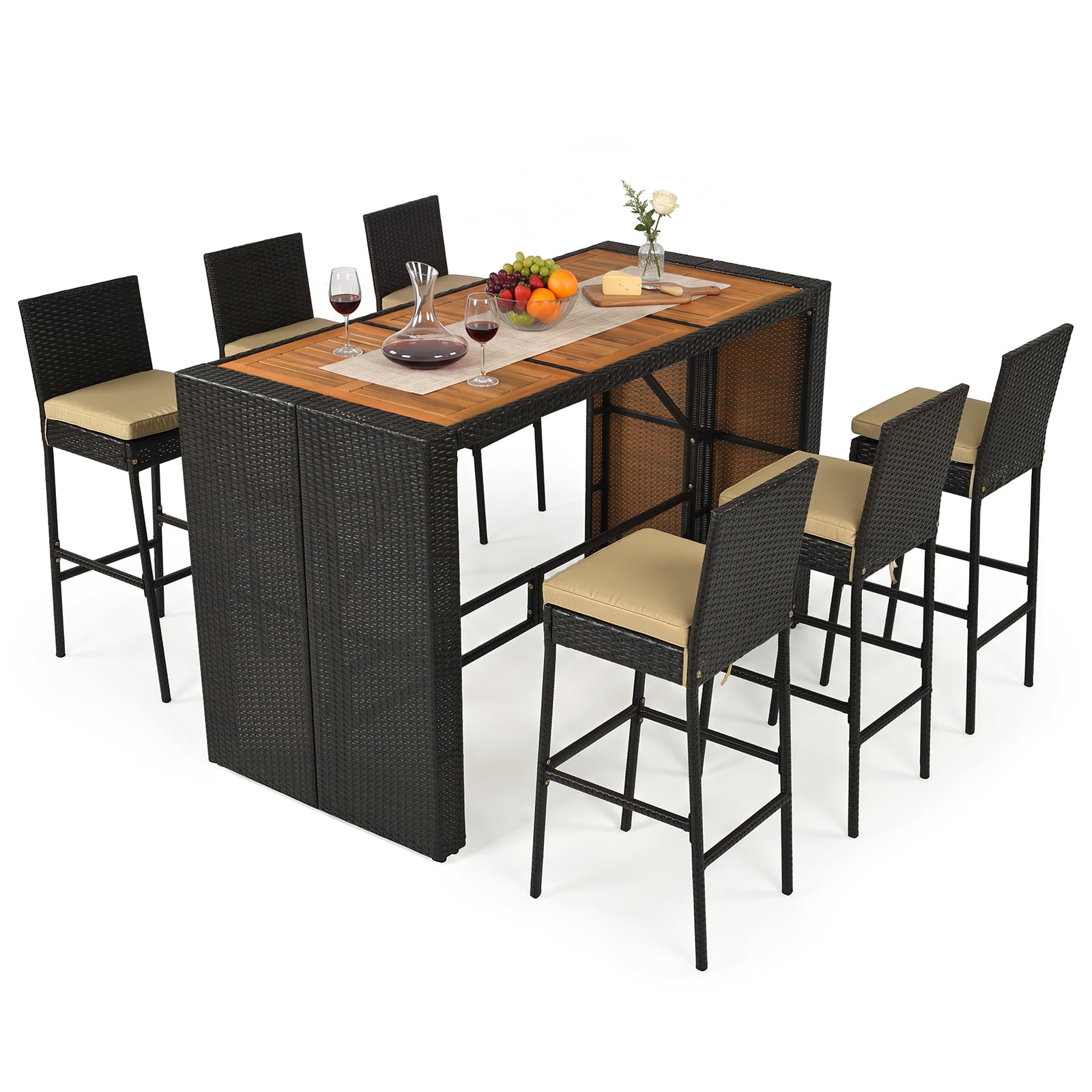 Costway 7-Piece Outdoor PE Wicker Bar Set with Bar Height Table 6 Cushioned Stools for Yard Mixed Brown + Natural + Beige