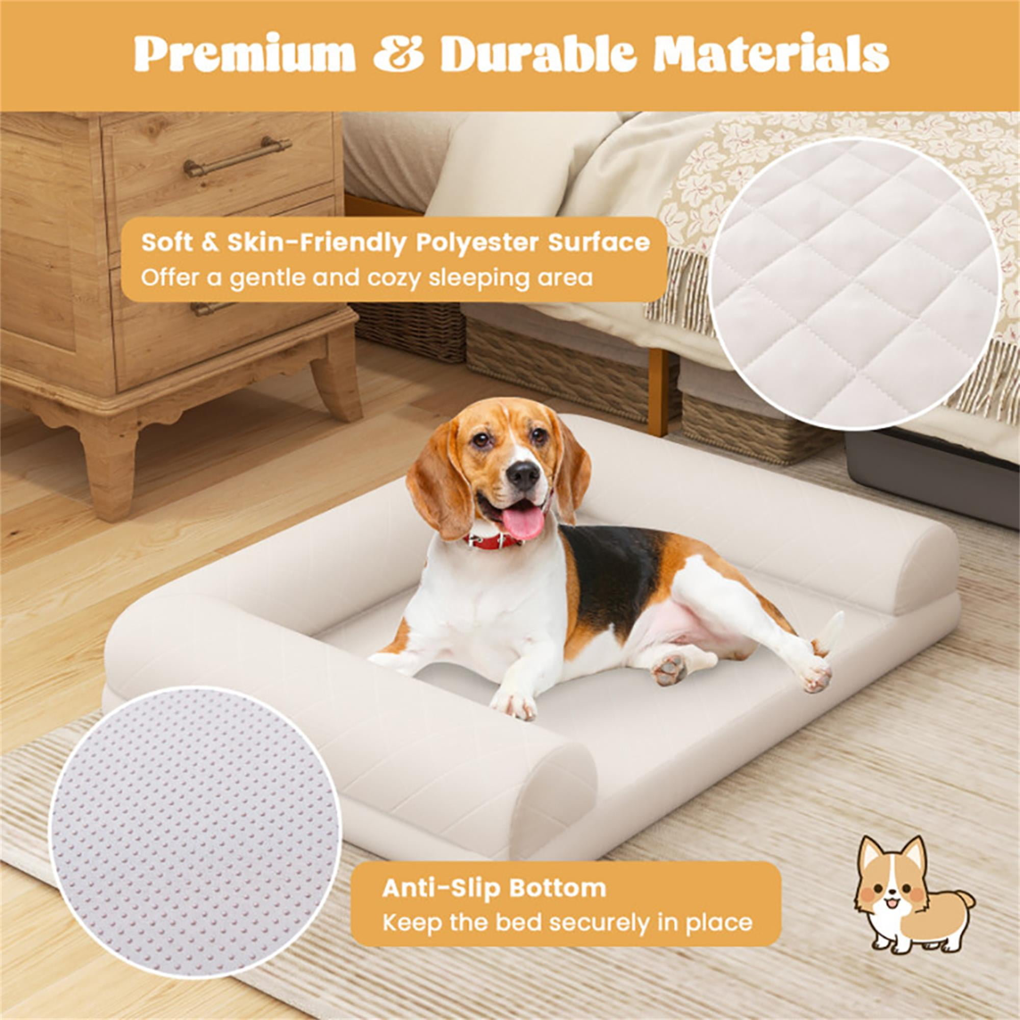 Kadyn 36" Egg-Foam Dog Bed with 3-Side Bolster, Pet Sofa Bed for Small Medium Dogs, Removable Washable Bed Cover Dog Crate Bed, Beige