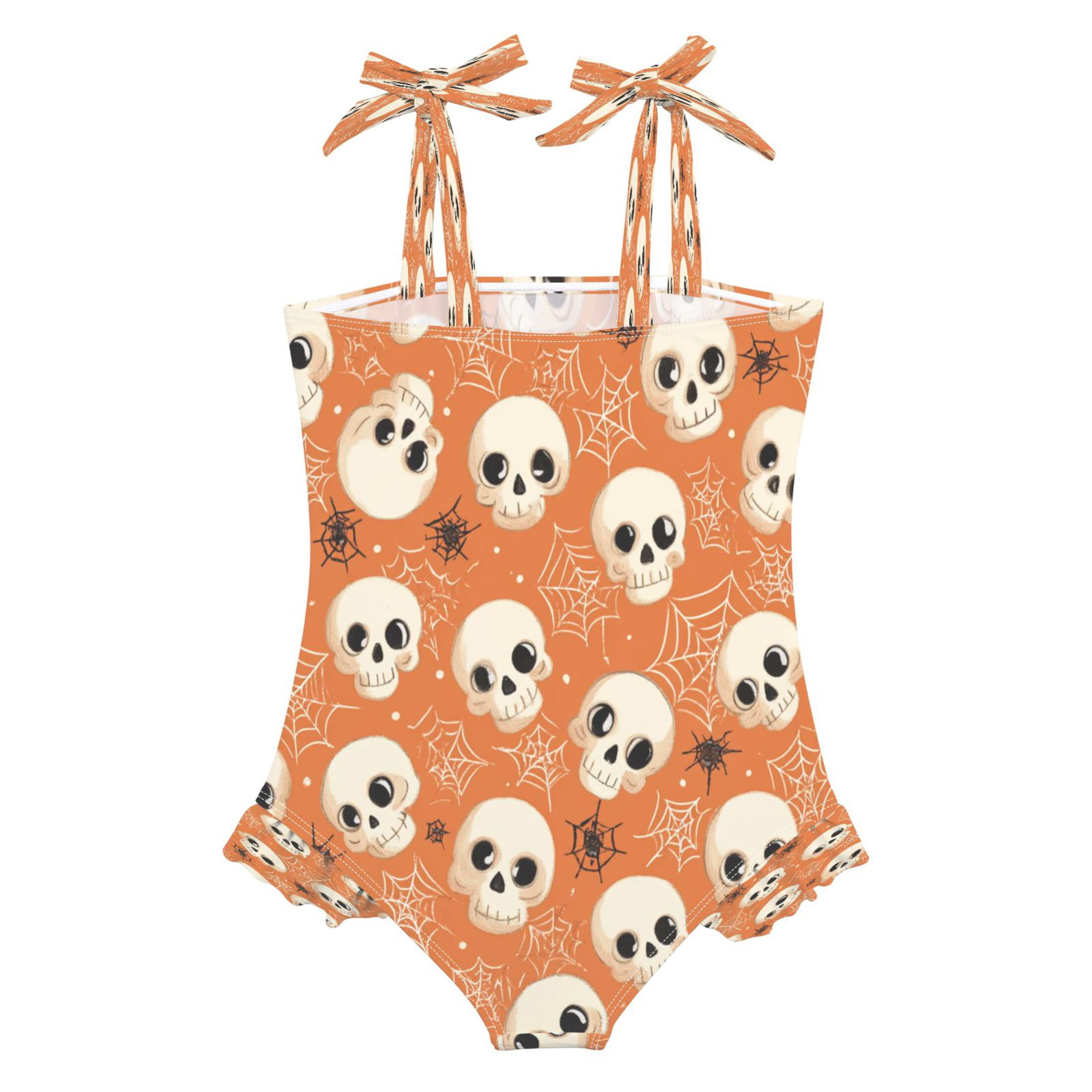 Toddler Girls One Piece Swimsuit, Tie Shoulder Ruffle Bathing Suit, Quick Dry Kids Swimwear for Summer Beach Adorable Skulls and Spider Webs