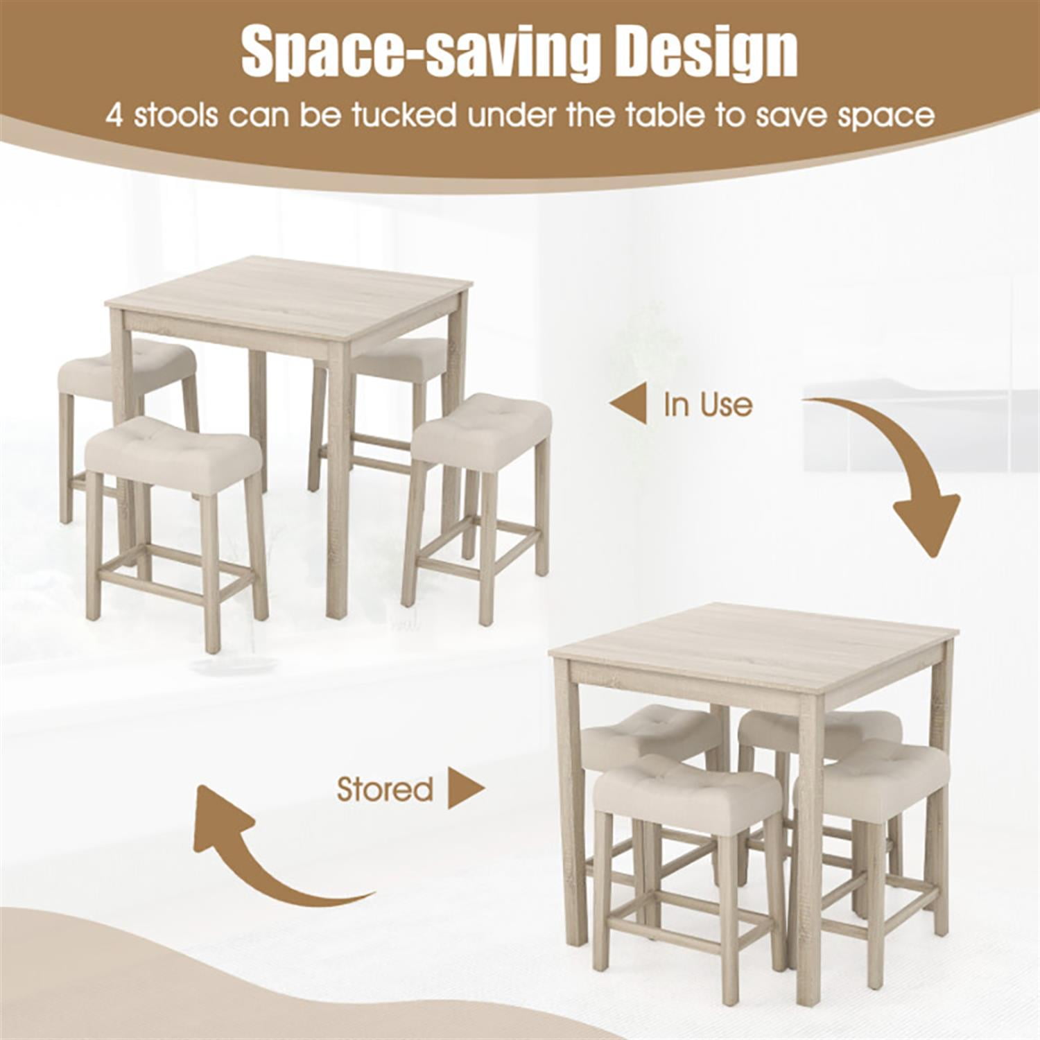 Demi Bonn 5-Piece Bar Table Set with Square Table and 4 Padded Stools, 35" Wooden Kitchen Dining Table Set, Perfect for Small Space, Gray