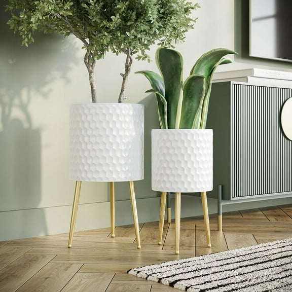 2-Piece Honeycomb Metal Planter Pot With 3-Leg Gold Metal Base - White - 20"H x 10.5"W / 15.75"H x 8.5"W