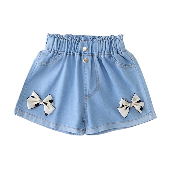 fatyb Girls Denim Shorts Elastic High Waist Jean Shorts with Pockets Kids Loose Summer Pull on Shorts