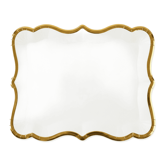 10 Pack Charolas Para Postres,Heavy Duty 400 GSM Paper Rectangular Party Platters – Elegant White / Gold Rim Disposable Serving Trays – 12.99" x 8.85"