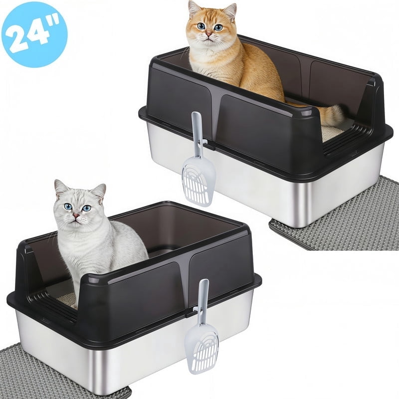 DUNCHATY 2-Pack Stainless Steel Jumbo Cat Litter Box, High-Sided Open Top Pan with Scoop & Mat, Leak-Proof & Easy Clean, Black