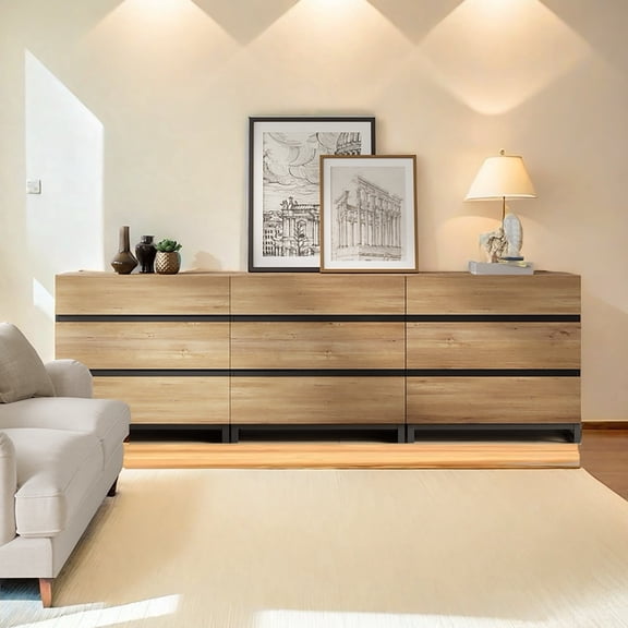 WAMPAT Dresser for Bedroom, Closet Organizers and Storage with 9 Drawers, Chest of Drawers with Metal Base, Wooden Modern Dresser for Living Room, Bedroom, Entryway, Oak
