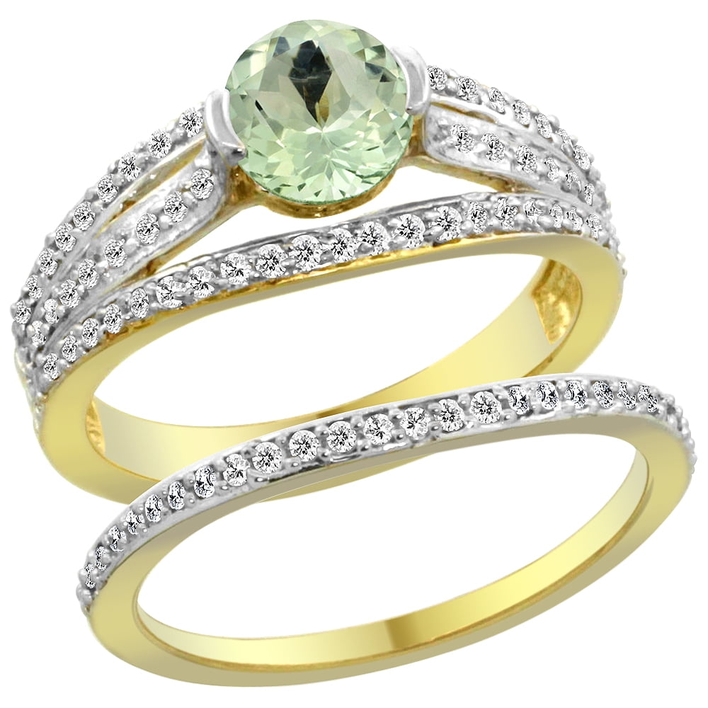 14K Yellow Gold Natural Green Amethyst 2-piece Engagement Ring Set Round 6mm, size 5 by Gabriella Gold