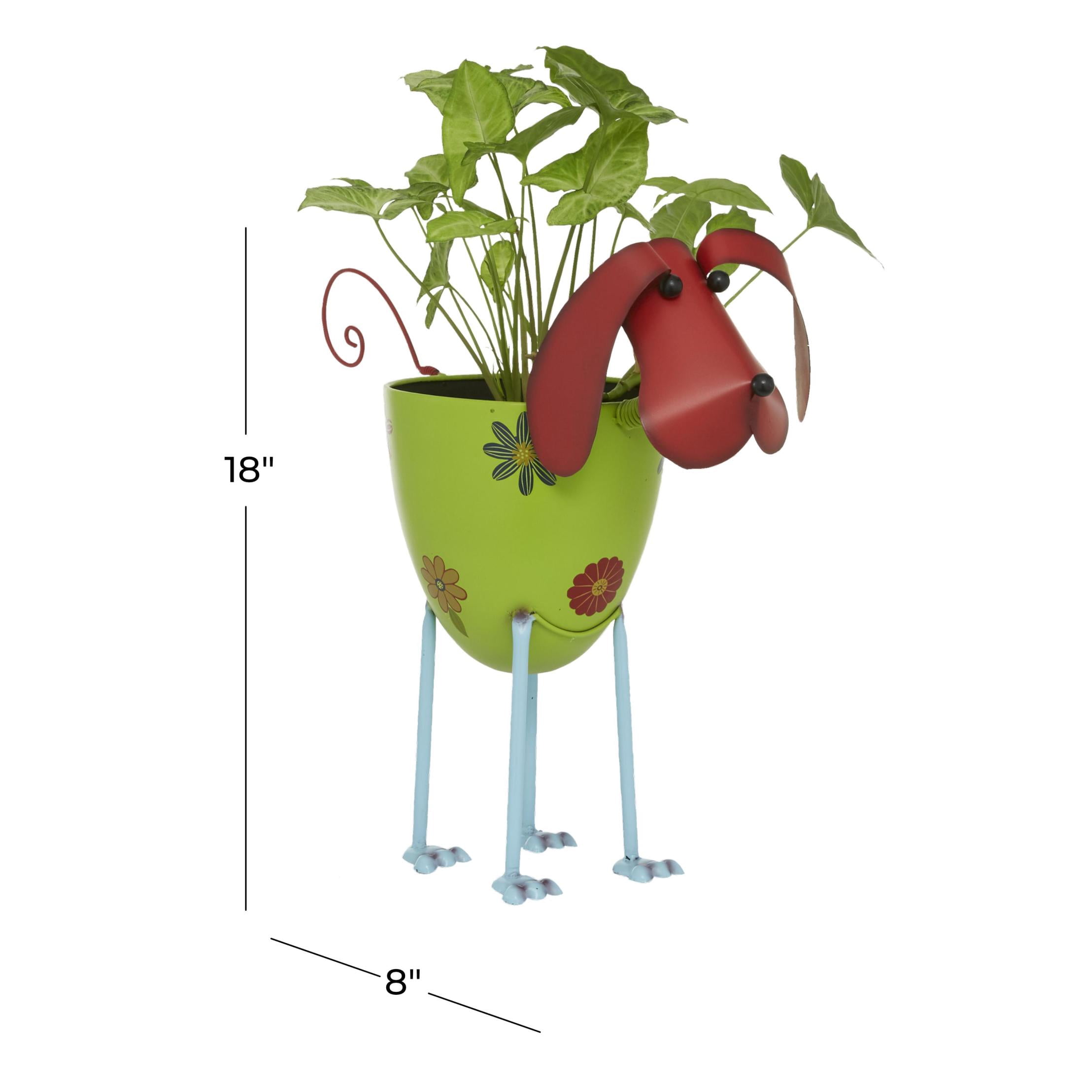 DecMode Green Farmhouse Metal Indoor/Outdoor Dog Shape Planter with Floral Design, 19"W x 18"H