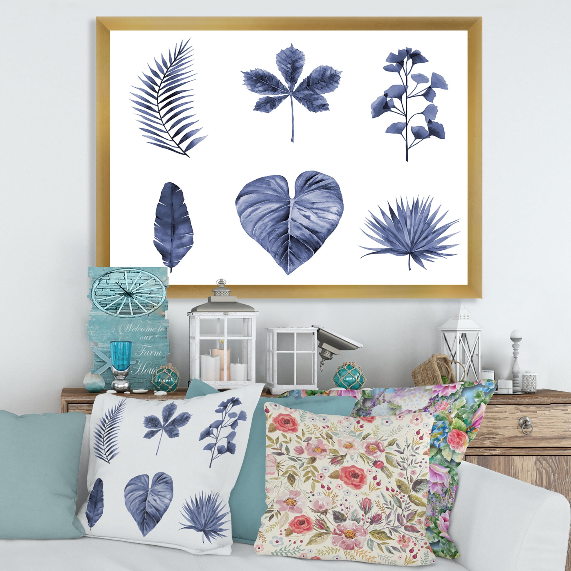 Designart 'Abstract Set Of Plant Leaves Blue' Traditional Framed Art Print