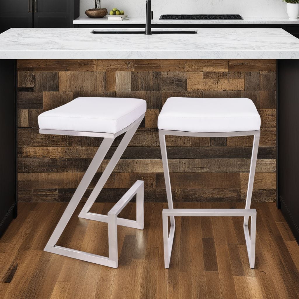 Armen Living Atlantis Backless Barstool, Brushed Stainless Steel Finish with PU Upholstery