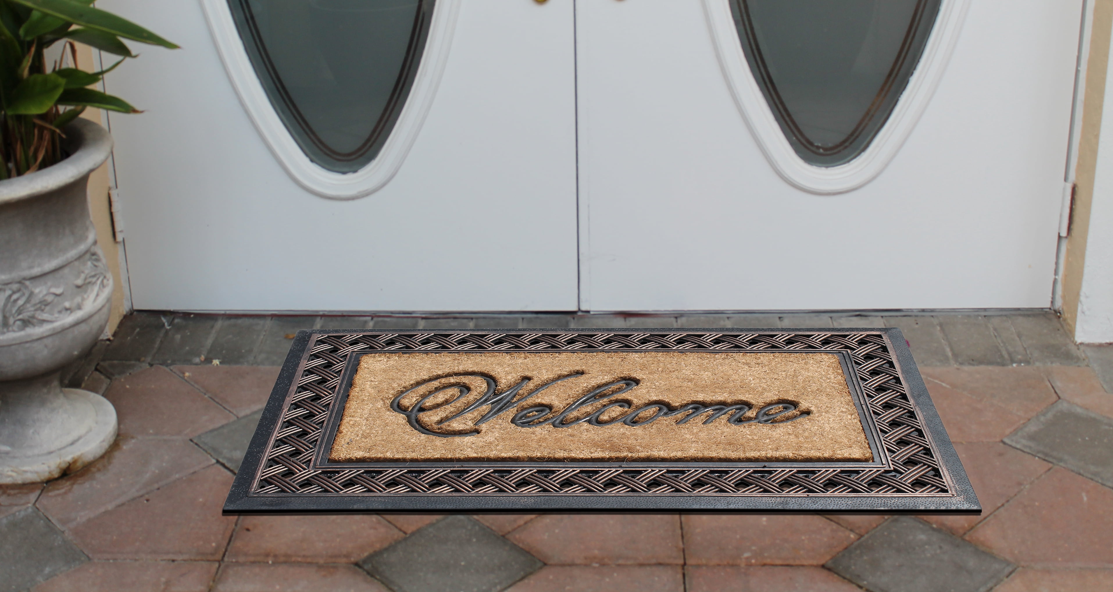 A1 Home Collections 38"×23" Natural Coir & Rubber Doormat - Decorative Welcome Design, Heavy Duty Coconut Fiber Entry Mat with Non-Slip Backing - Anti-Shed Treated, Low Profile Outdoor Front Door Mat