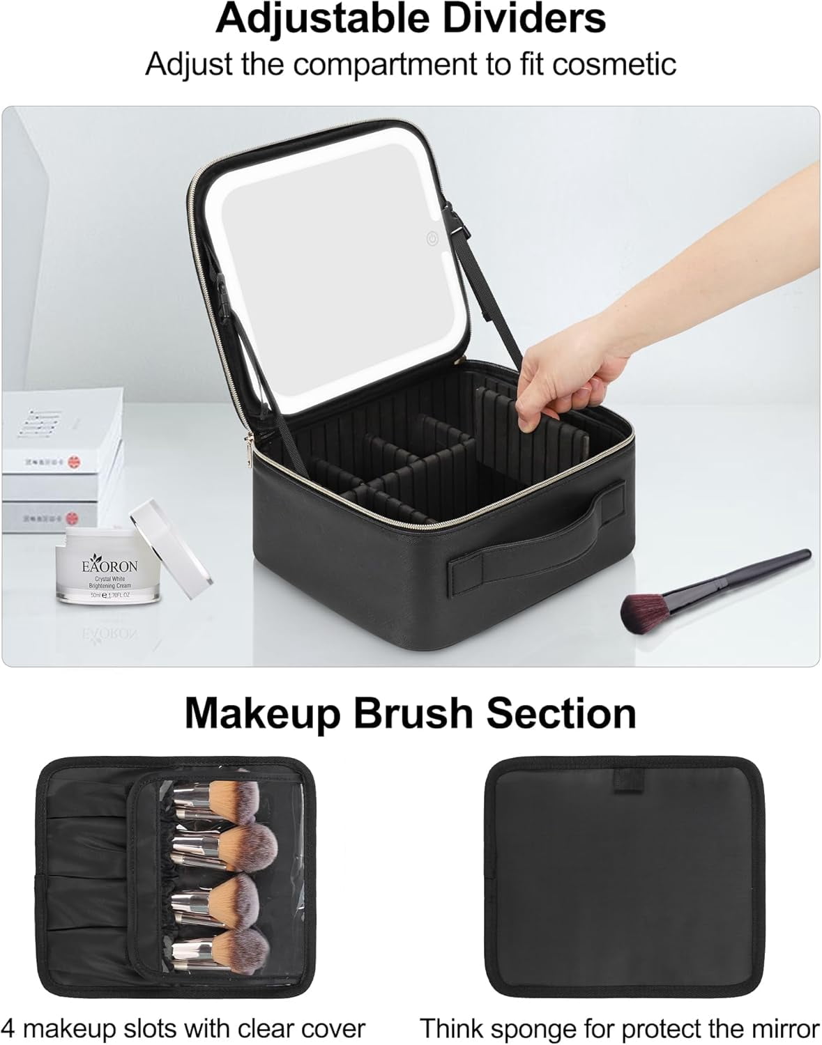 Makeup Bag with LED Mirror, Travel Makeup Case for Women and Makeup Artists Cosmetic Organizer Large Make Up Bags with Light Up Mirror, 3 Color Lights, Adjustable Dividers and Brush Holder