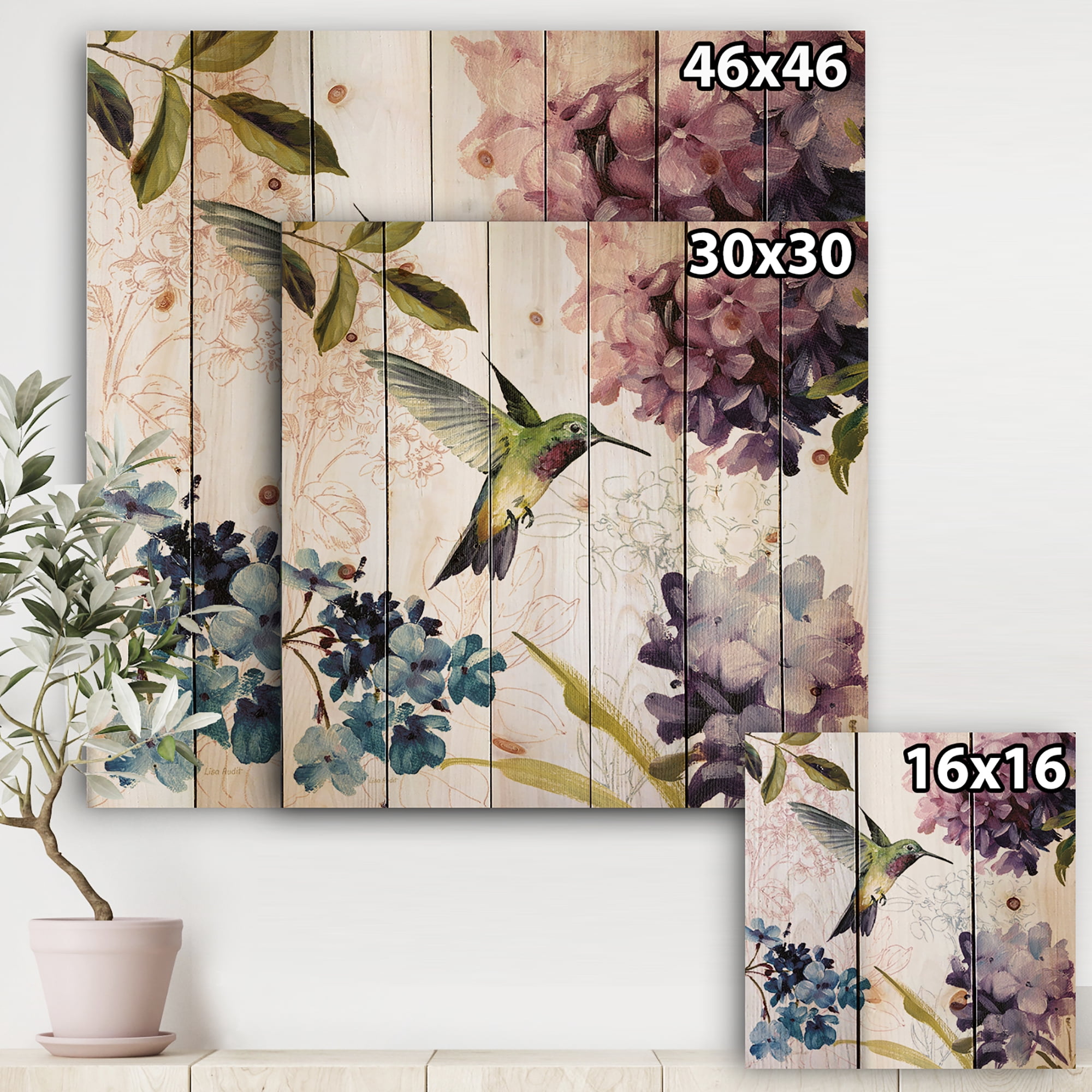 Designart 'Spring Nectar Square Bird and Flowers' Traditional Print on Natural Pine Wood