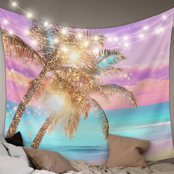 Coastal Tapestry for Bedroom Wall Hanging Tapestry, Ocean Palm Tree Summer Beach Purple Blue Ceiling Backdrop Tapestries Poster Blanket Wall Decor for Teens Room Living Room Dorm 39" x 59"