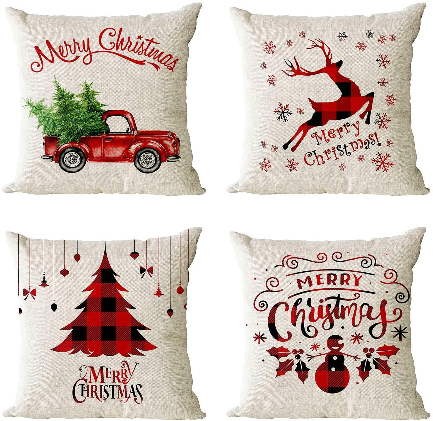 Merry Christmas Linen Pillowcase Sofa Pad Set Home Decoration 18x18 In