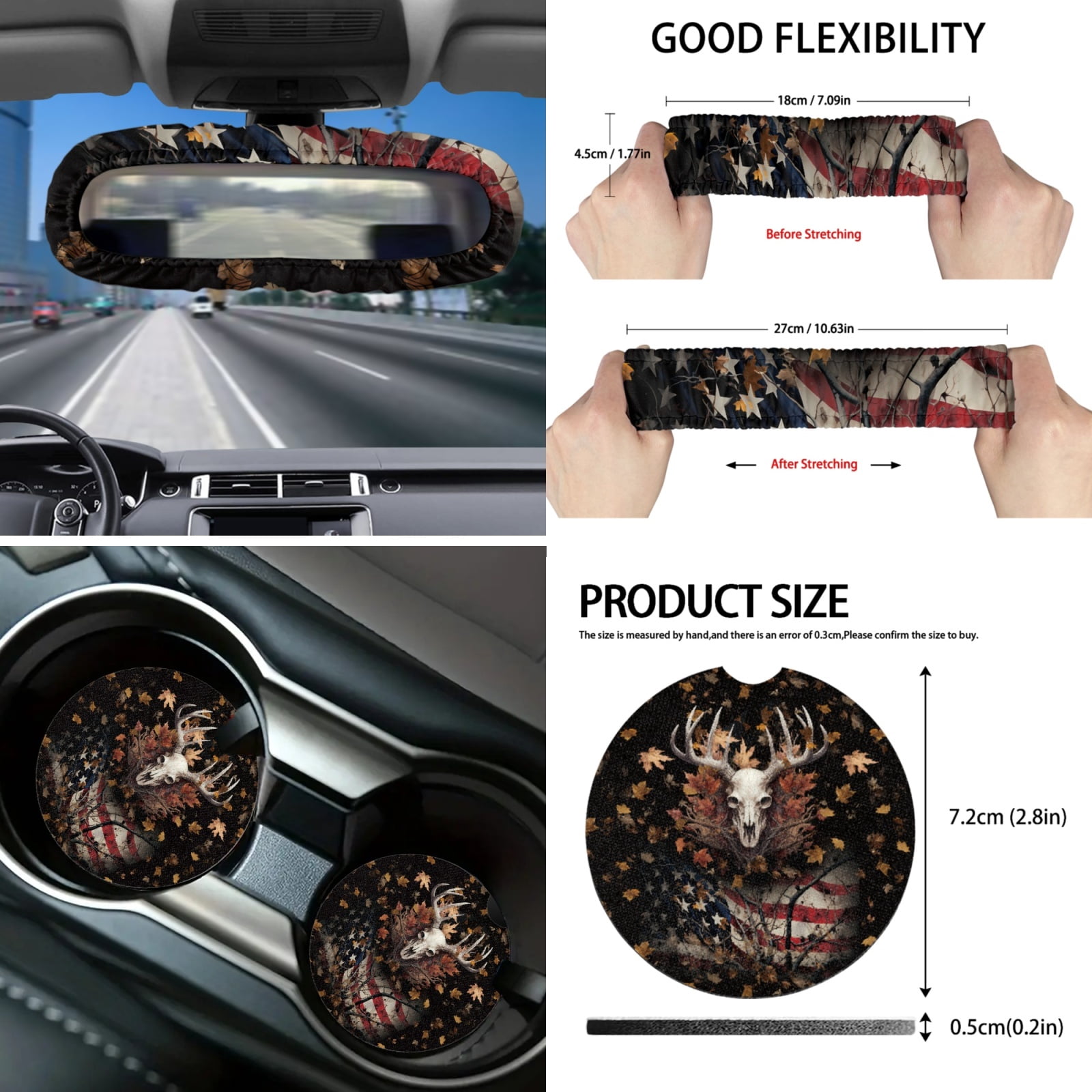 Yuyamidu Deer Car Seat Covers Full Set with Steering Wheel Cover Seat Belt Strap Pads American Flag Gear Shift Cover Hand Brake Cover Sun Visor Car Coasters Rearview Mirror Cover Keychain 16 PCS