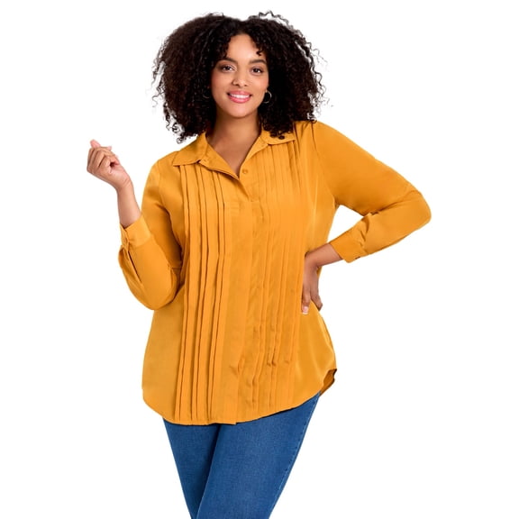 Avenue Women's Plus Size Pleated Button Down Shirt