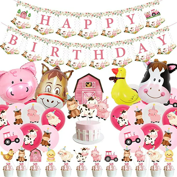 Pink Farm Animals Birthday Decorations Girl Farmhouse Barnyard Themed Pink  Cow Pig Donkey Printed Latex Balloon Duck Foil Walking Balloon Banner Cake  Cupcake Toppers Floral Farm Birthday Party Supplie 