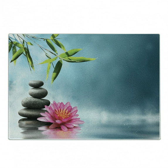 Spa Cutting Board, Theme Lily Lotus Flower and Rocks Yoga Style Purifying Your Soul Theme, Decorative Tempered Glass Cutting and Serving Board, Small Size, Blue Pink Green, by Ambesonne