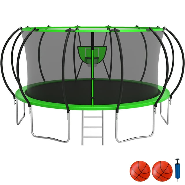 KOFUN Trampoline with Basketball Hoop, 1500lbs 10FT 12FT 14FT 16FT Trampoline for Adults and Kids, No Gap Design Backyard Trampoline with Enclosure Net, Ladder, Green