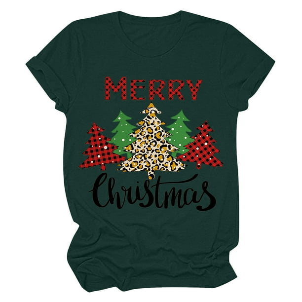 Camisas Navideñas Para Mujer Casual Cuello Redondo Manga Corta Árbol de Navidad Impreso Top Odeerbi ODB205838