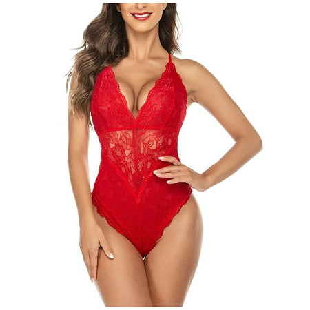 

Ruidigrace Fashion Lingerie Bodysuit for Women Lace Deep V One Piece Lace Babydoll