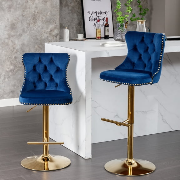 Rhomtree Swivel Button Tufted Bar Stool, Blue with Gold Base (Set of 2)