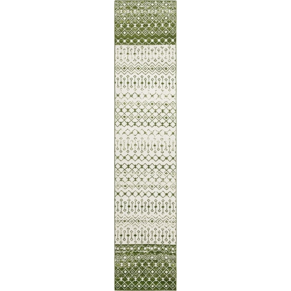Rugs.com Moroccan Trellis Collection Rug – 16 Ft Runner Ivory Green Medium Rug Perfect For Hallways, Entryways