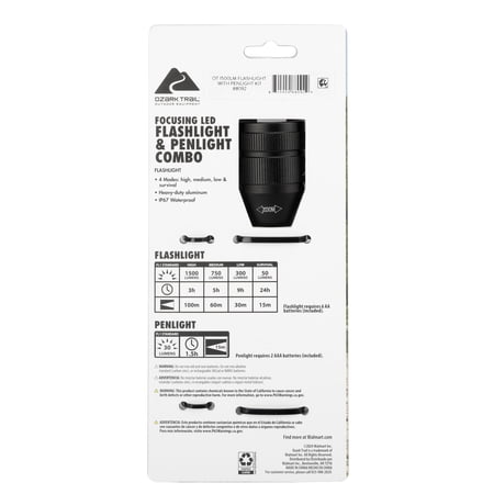 OZARK TRAIL 1500 LUMEN FOCUSING FLASHLIGHT WITH BONUS PENLIGHT, WATERPROOF, BLACK