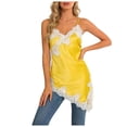 thumbnail image 3 of Satin Tops for Women Deep V Neck Spaghetti Strap Tank Top Lace Trim Asymmetrical Hem Silky Casual Going Out Camisole, #01 Yellow, M, 3 of 7